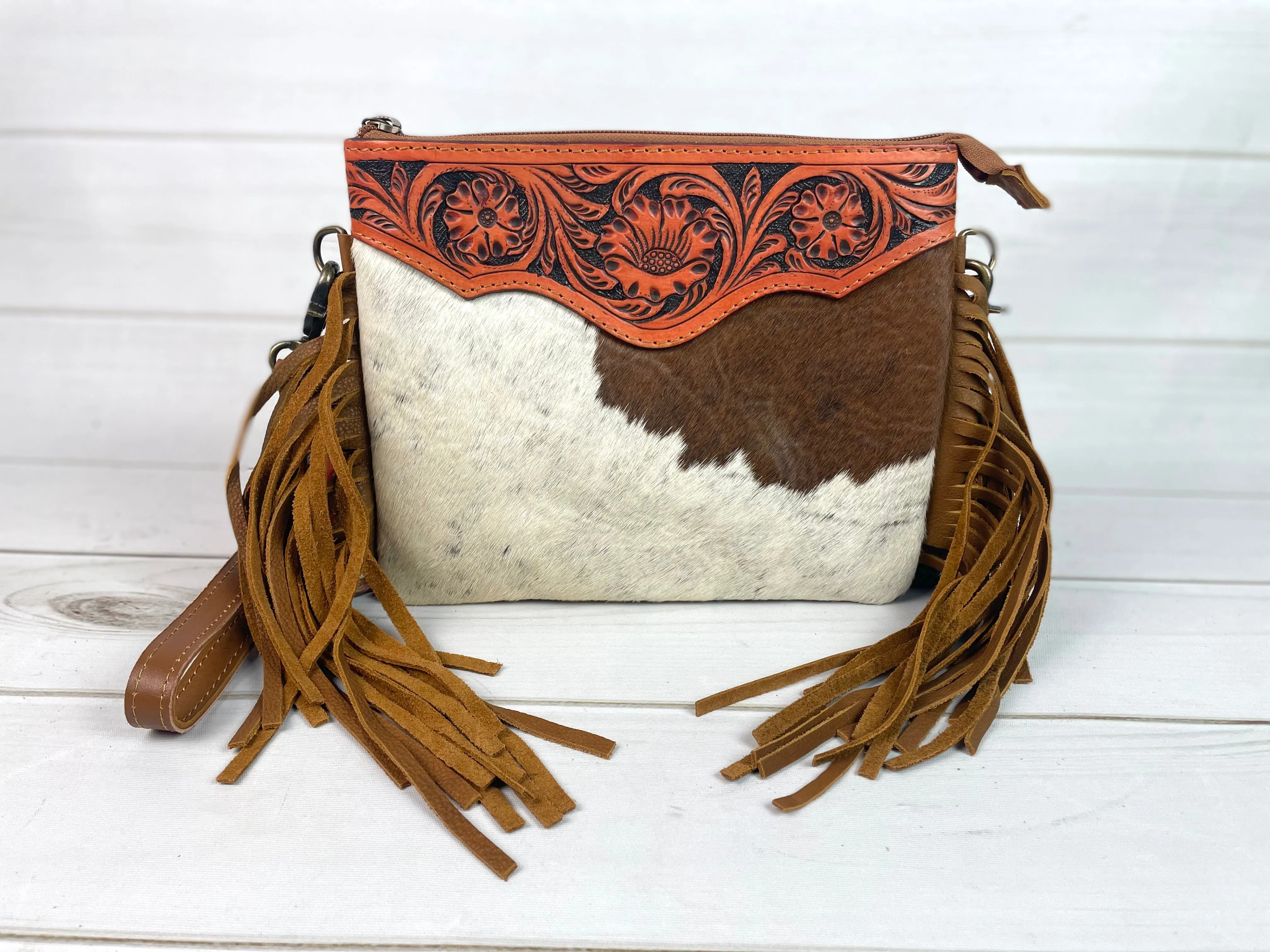 CLEARANCE! Hide Floral Leather Tooled Suede Fringe Crossbody Handbag