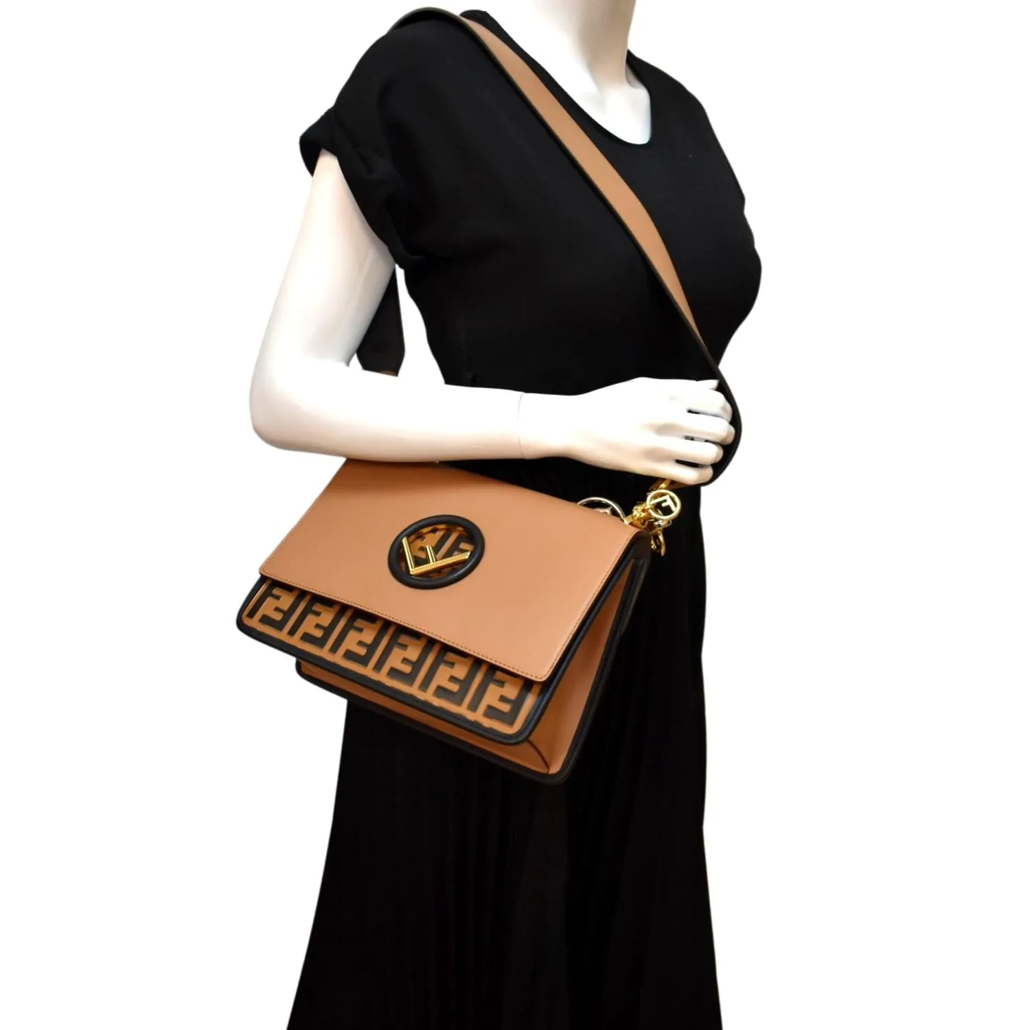 FENDI Kan I F Zucca Leather Shoulder Bag Tan