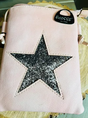 New Ecosse Design Crossbody leather purse in Blush Pink with Sequin Star! Rear pocket to hold your Phone! Great Quality!