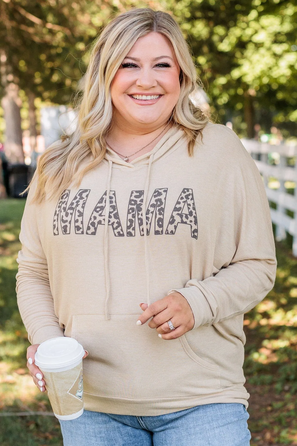 "Mama" Lightweight Drawstring Hoodie- Beige