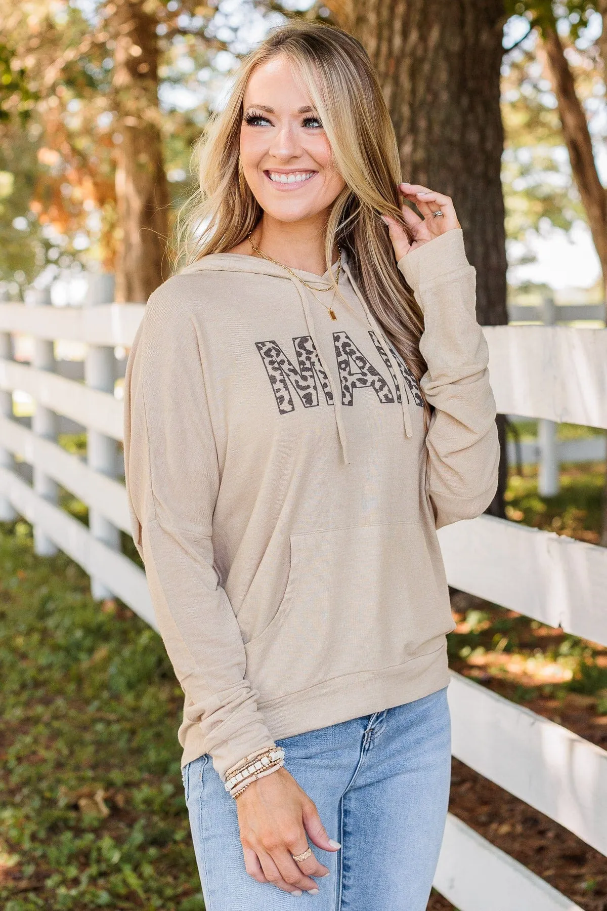 "Mama" Lightweight Drawstring Hoodie- Beige