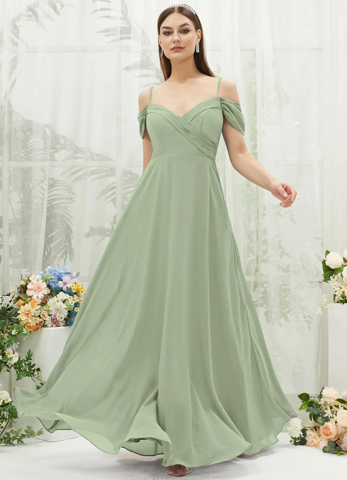 Sage Green Chiffon Cold Shoulder Sweetheart Bridesmaid Dress Pocket